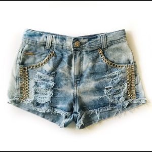 Women's Embellished Tie Dye Denim Shorts Size 36